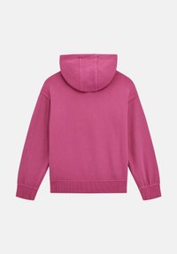 Pink cotton hoodie with a drawstring hood, ribbed cuffs and hem, and a smooth texture. Simple design with no visible logos or patterns.