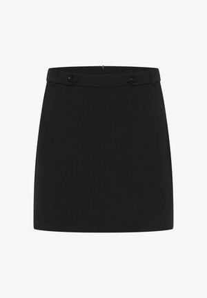 Black mini skirt made of smooth fabric featuring a simple design, flat waistband, and two decorative button accents on the front.