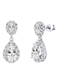 Ohrringe in Silberfarbe mit langen Tropfen, die große birnenförmige, klare Edelsteine zeigen, umgeben von kleineren klaren Steinen, alles in einer strukturierten Fassung.