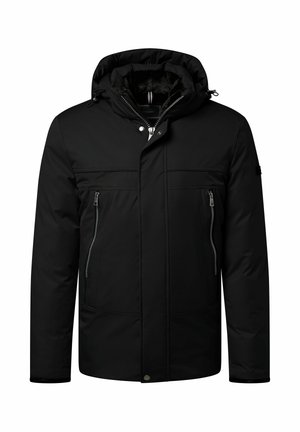 Schwarze, isolierte Jacke mit Kapuze, Frontreißverschluss, zwei Seitentaschen und einer Brusttasche, ausgestattet mit einer glatten Textur und minimalistischem Design.