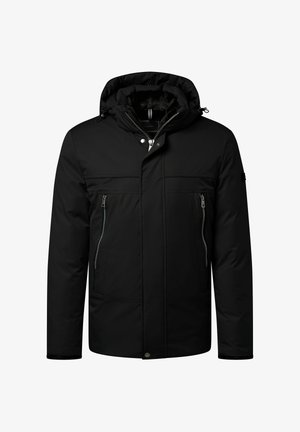 Veste noire isolante avec capuche, fermeture éclair devant, deux poches latérales et une poche poitrine, avec une texture lisse et un design minimaliste.