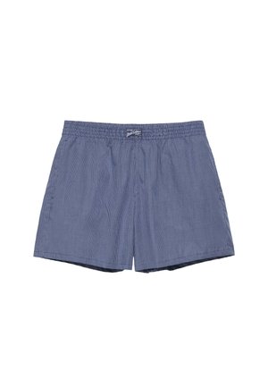 Boxers pour hommes à carreaux bleus et blancs avec ceinture élastique et petite étiquette frontale.