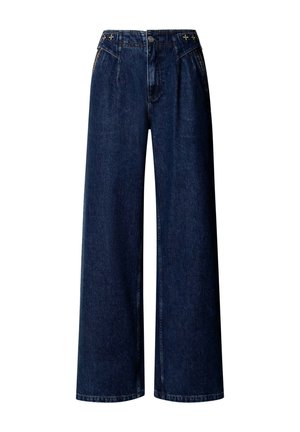 Jeans in denim blu scuro con gamba larga, vita alta e piccole cuciture decorative vicino alle tasche anteriori.