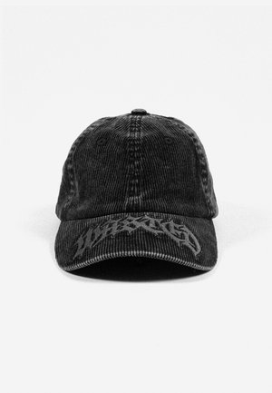 Μαύρο καπέλο baseball από κορδόνι με καμπύλη γείσο και διακριτικό αφηρημένο σχέδιο στον μπροστινό πίνακα.