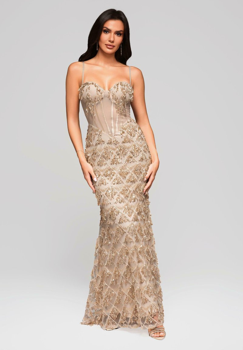 Bodenlanges, perlenbesetztes Kleid in Nude, mit dünnen Trägern, herzförmigem Ausschnitt und einem Diamantmuster mit Fransenverzierungen.