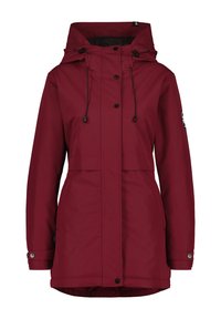 Castanje kleurige waterdichte jas met een trekkoordcapuchon, een vooraan afsluitende knoopsluiting en twee zijzakken. Heeft zwarte accenten en een gladde textuur.