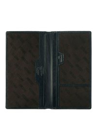 Portafoglio in pelle di colore blu scuro, con due slot per carte e un interno testurizzato con un motivo a logo ripetuto. Finitura liscia con dettagli di cucitura.