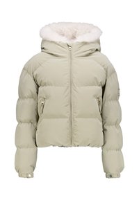 Pufferjack in lichtgroen met een nep bont gevoerd capuchon, rits aan de voorkant en twee ritszakken aan de zijkanten. Heeft een cropped ontwerp en elastische manchetten.