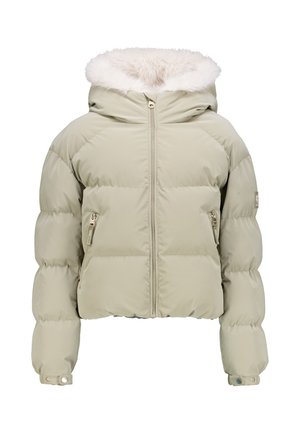 Puffermantel in Hellgrün mit einer Kapuze aus Kunstfell, frontale Reißverschluss und zwei seitliche Reißverschlusstaschen. Besitzt ein kurzes Design und elastische Bündchen.