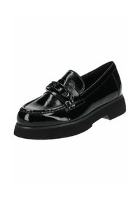 Mocassin en cuir noir brillant avec une semelle épaisse et un détail décoratif de boucle sur le dessus, incliné pour montrer la vue latérale et frontale.
