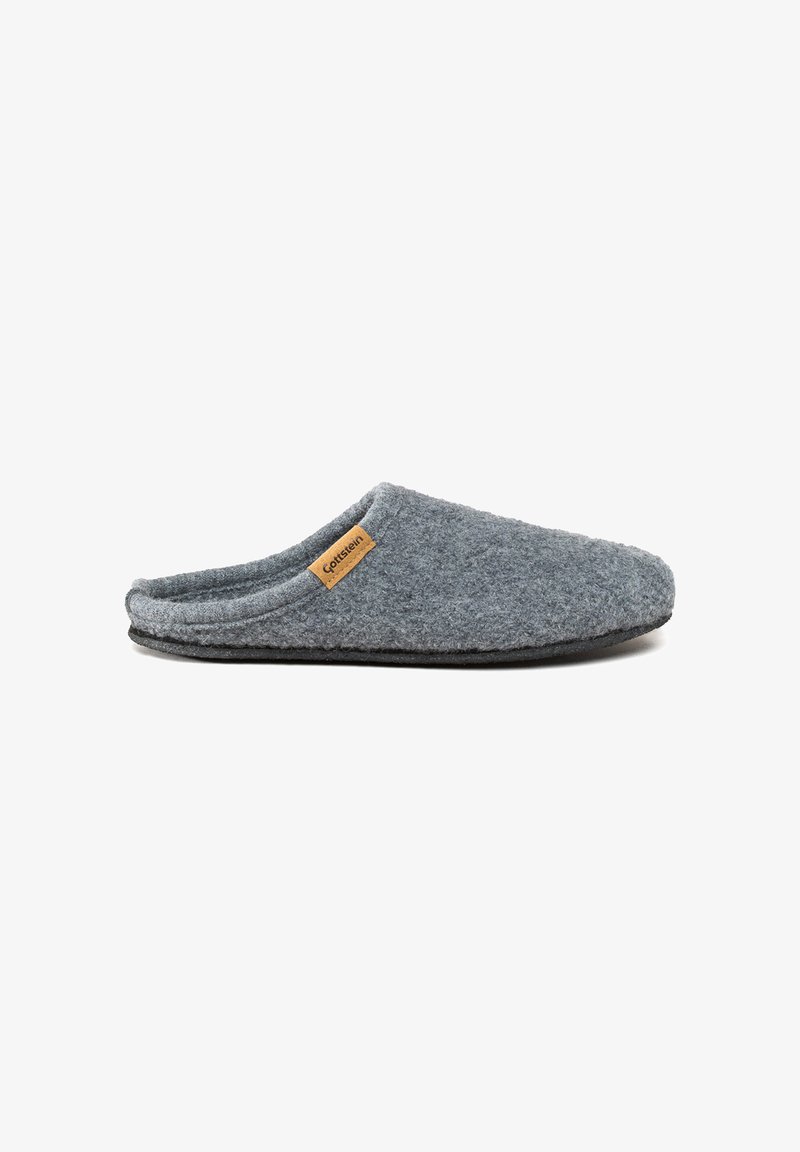 Chausson en feutre gris avec un dos ouvert, une forme courbée, une surface texturée et une petite étiquette beige. Semelle en caoutchouc noir pour plus de durabilité.