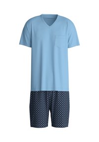 Lichtblauw V-hals shirt met korte mouwen, gecombineerd met marineblauwe shorts met een wit ruitpatroon en een zijzak.