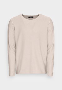 Beiger Pullover mit langen Ärmeln aus strukturiertem Strickstoff, mit rundem Halsausschnitt und einem mittigen Nahtdetail. Schlichtes, vielseitiges Design.