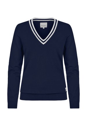 Suéter de punto azul marino con mangas largas, diseño de cuello en V y rayas blancas de acento alrededor del cuello. Textura suave y dobladillo acanalado.