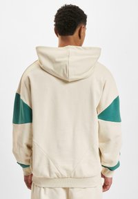 Hettegenser i beige med teal detaljer på skuldrene, med en avslappet passform og ribbestrikkede mansjetter, laget av myk bomullsblanding.