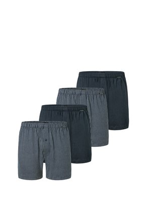 Herreboxershorts i en pakke med fire; inkluderer to ensfarvede marineblå og to marineblå med striber. Har en blød bomuldsstof og elastisk talje.