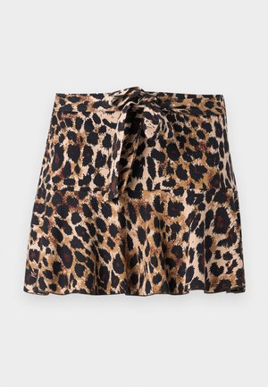 Mini-jurk met een luipaardprint, gemaakt van een zachte stof, met een uitlopende snit, een gestrikte tailleband en contrasterende zwarte en bruine vlekken op een beige achtergrond.
