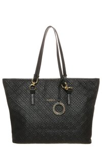 Sac fourre-tout noir avec motif en relief en forme de diamants, garnitures dorées, double bandoulière et accent de logo circulaire. Fabriqué en matière synthétique.