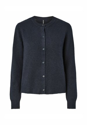 Marineblauer Cardigan aus weichem Strickstoff, mit Rundhalsausschnitt, Vorderknopfverschluss und langen Ärmel mit gerippten Bündchen.