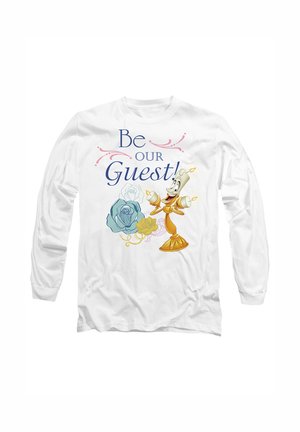 White long-sleeve shirt featuring "Be Our Guest!" text with colorful floral designs and a character resembling a candlestick holder.