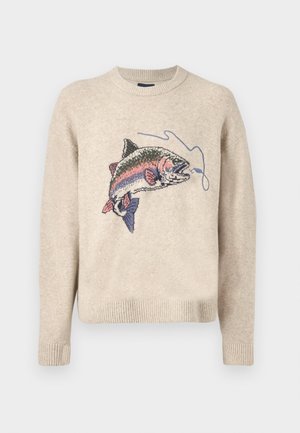 Beige knitted sweater featuring a colorful embroidered fish design on the front, with ribbed cuffs and hem for texture.