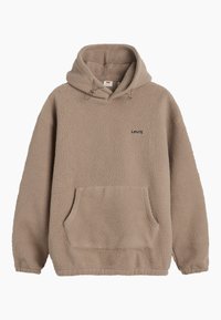 Beige fleece hoodie with a kangaroo pocket, drawstring hood, and black "Levi's" logo on the chest. Soft texture, relaxed fit.