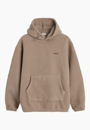 Beige fleece hoodie met een kangoeroezak, een trekkoord capuchon en een zwart "Levi's" logo op de borst. Zachte textuur, relaxte pasvorm.