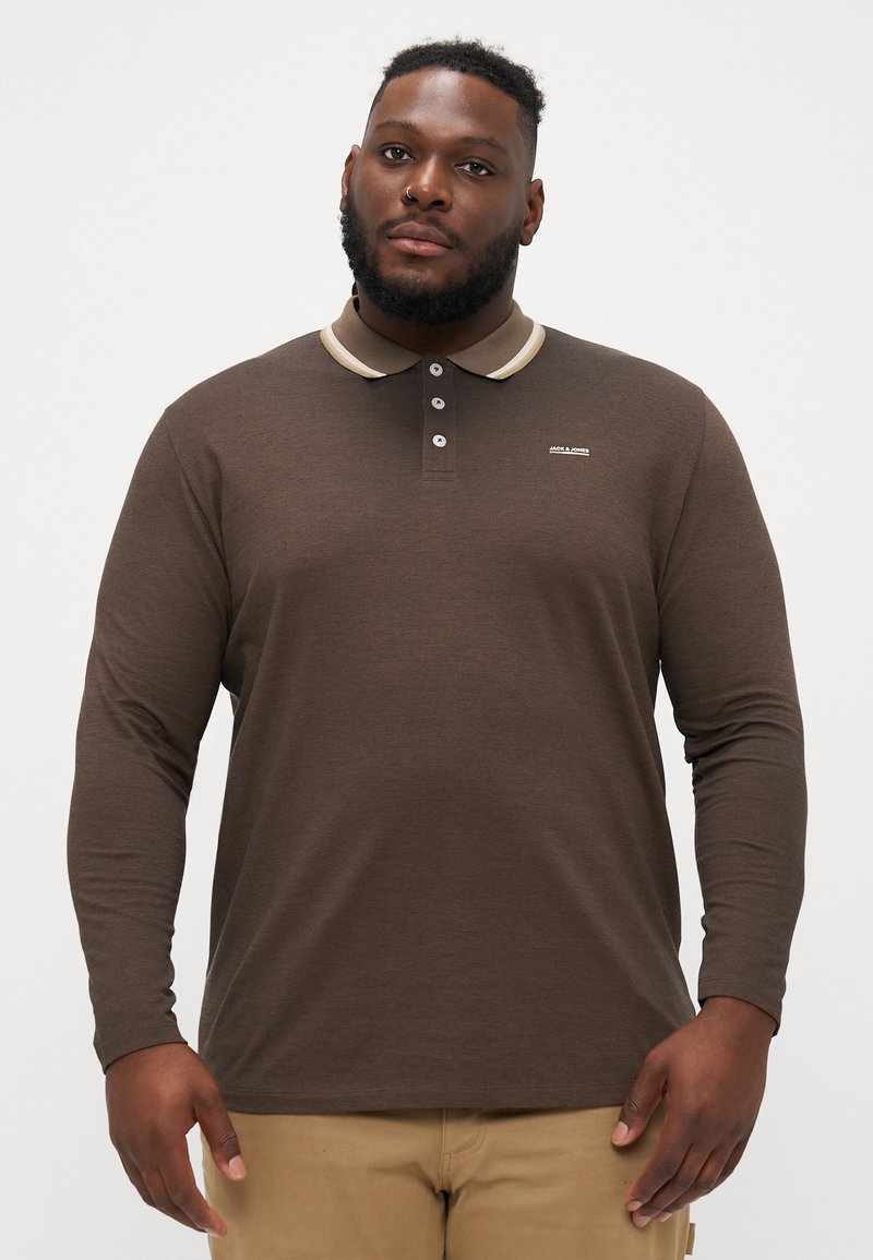 Brown long-sleeve polo shirt with a light beige collar. Features three buttons at the neckline and a small logo on the chest.