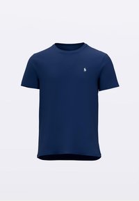 T-shirt a maniche corte blu navy realizzata in tessuto liscio, con un piccolo logo bianco sul petto sinistro e scollo rotondo. Vestibilità casual.