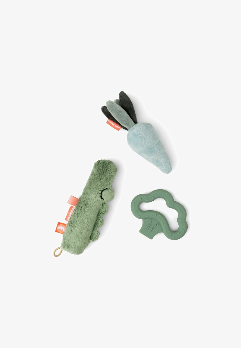 Three baby toys: a green plush dino with a tag, a light blue plush carrot with dark green leaves, and a green, broccoli-shaped silicone teether.