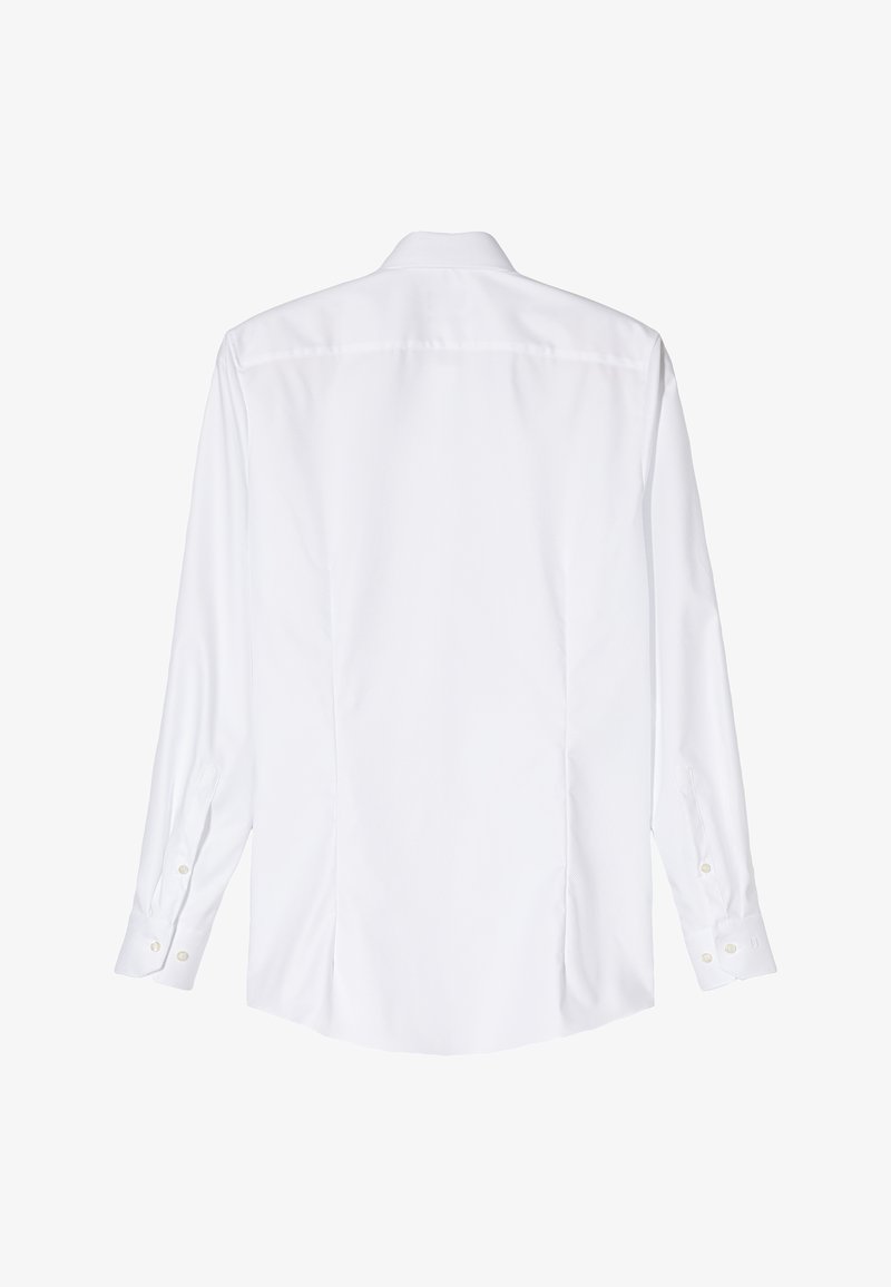 Witte langwerpige shirt met lange mouwen van een gladde, gestructureerde stof. Kenmerken zijn een puntige kraag, rugpand en knoopmanchetten. Geen patronen of accenten.