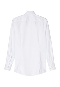 Camicia bianca a maniche lunghe con collo classico, polsini con bottoni e una texture liscia. Presenta una cucitura posteriore e spacchi laterali per maggiore comfort.