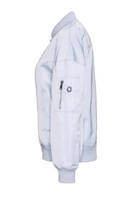 Light blue bomber jacket with a smooth texture, ribbed collar and cuffs, side pockets, and a zippered arm pocket detail.