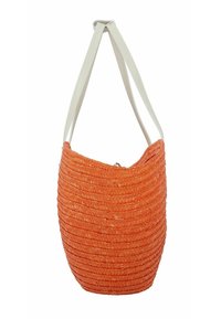 Bolsa de paja tejida en color naranja con una superficie texturizada, que presenta dos asas sintéticas blancas, una suave curvatura en la parte superior y un cierre de cremallera.