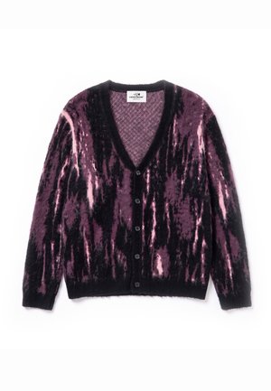 Cardigan à manches longues boutonné avec motif tie-dye noir et violet, poignets et ourlet côtelés et col en V.