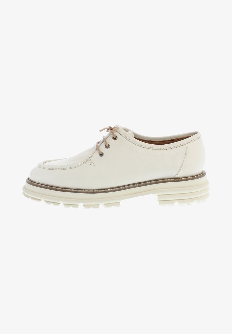 Light beige leather shoe with a rounded toe, lace-up design, and a thick white rubber sole featuring ridges for traction.