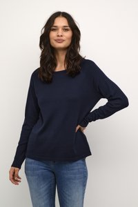 Tengerészkék, hosszú ujjú pulóver, laza szabással, kerek nyakkivágással és bordázott mandzsettákkal. Puha tapintású, minimalista dizájn, alkalmas hétköznapi viseletre.