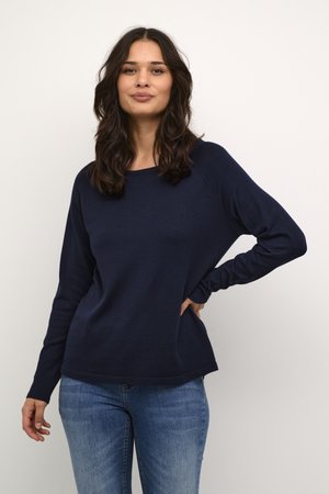 Navy blue long-sleeve sweater with a relaxed fit, round neckline, and ribbed cuffs. Soft texture, minimalistic design, suitable for casual wear.