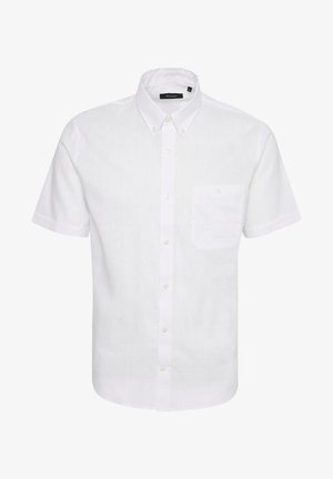 Bela srajca s kratkimi rokavi iz lanu, z ovratnikom na gumbke, sprednjim žepom in subtilno teksturo. Vključuje vrstico gumbov spredaj.
