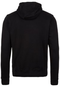 Sudadera con capucha negra, hecha de una mezcla de algodón, cuenta con mangas largas, puños y dobladillo acanalados, textura suave y un diseño sencillo.