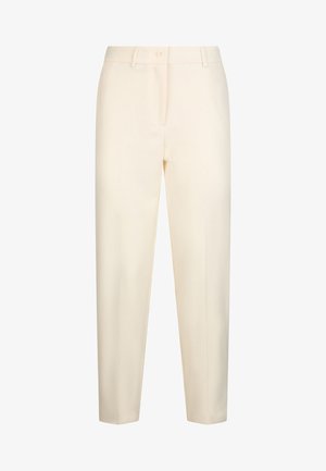 Kreemivärvides kohandatud püksid vööaasade, eesnupu ja keskelt mööda mõlemat jalga kulgeva voldiga.