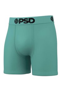 Türkiz boxer alsónadrág fekete derékpánttal, amelyen a "PSD" logó látható. Simává szőtt anyag, testhezálló fazon, combközép hossza és varrás nélküli kialakítás.