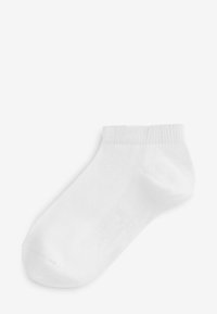 Biała skarpeta do kostki wykonana z miękkiego, elastycznego materiału. Posiada prążkowany mankiet i bezszwowy palec dla wygody. Bez wzorów ani dodatkowych detali.