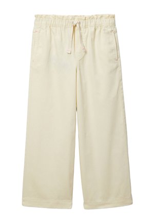 Pantalon large couleur crème avec ceinture élastique et cordon de serrage, face avant, avec poches latérales et détails simples de couture.