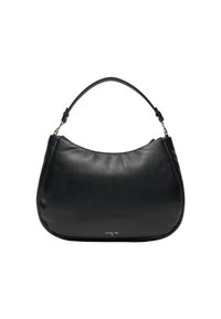 Borsa a mano in pelle nera con forma curva, tracolla removibile e discreta brandizzazione dorata nella parte inferiore. Texture liscia.