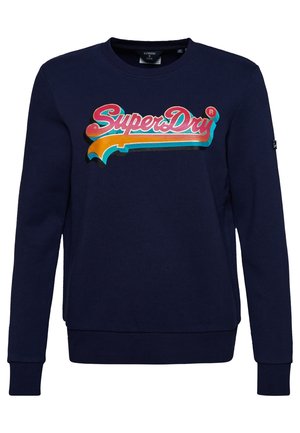 Granatowa bluza z długim rękawem, z prążkowanymi mankietami i obrębem, z kolorowym logo "SuperDry" na piersi.