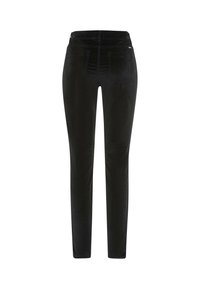 Pantalon en velours noir avec une coupe ajustée, taille mi-haute et design classique à cinq poches avec des détails de couture subtils.