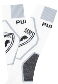 Calcetines blancos con acentos grises, que presentan un patrón hexagonal y un logo. Fabricados con un material suave, cuentan con puños acanalados y áreas texturizadas.