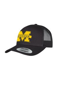Black snapback cap with a mesh back, featuring a large yellow "MICHIGAN" logo and yellow "M" on the front, smooth fabric, and curved brim.