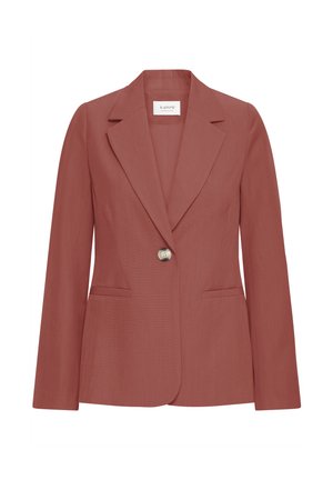 Blazer terracotta a un solo bottone con rever a lancia, maniche lunghe, due tasche a filetto frontali e vestibilità sartoriale.